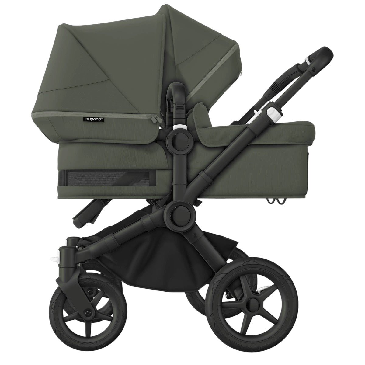 1 maand oud + 1 jaar garantie - Bugaboo Donkey 5 TWIN Compleet Black Forest Green + adapterset & voetenzakken(art:125981)