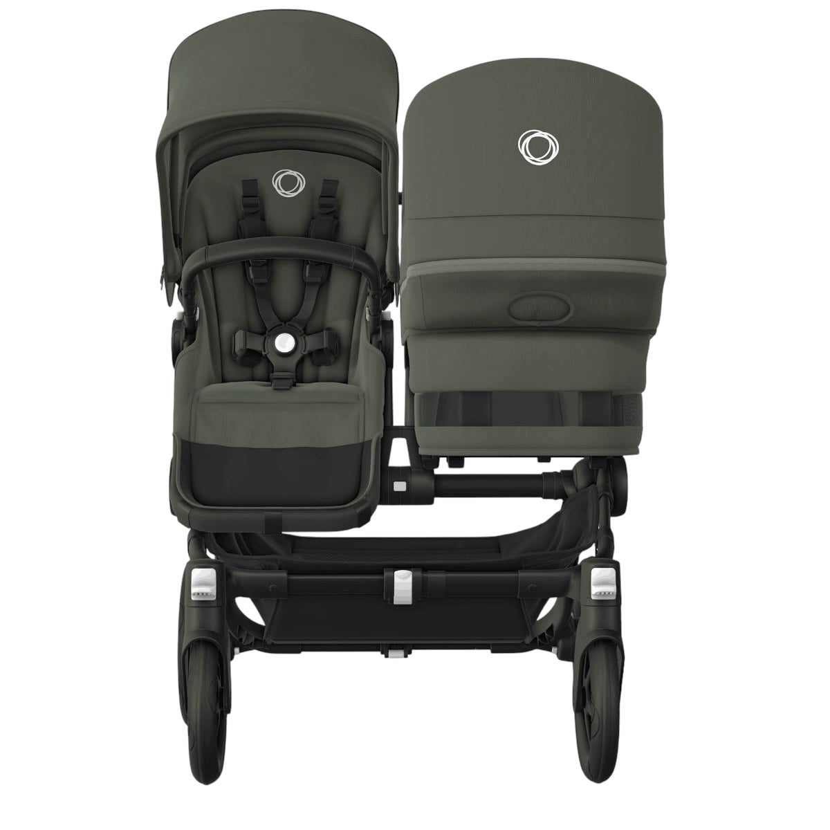 1 maand oud + 1 jaar garantie - Bugaboo Donkey 5 TWIN Compleet Black Forest Green + adapterset & voetenzakken(art:125981)