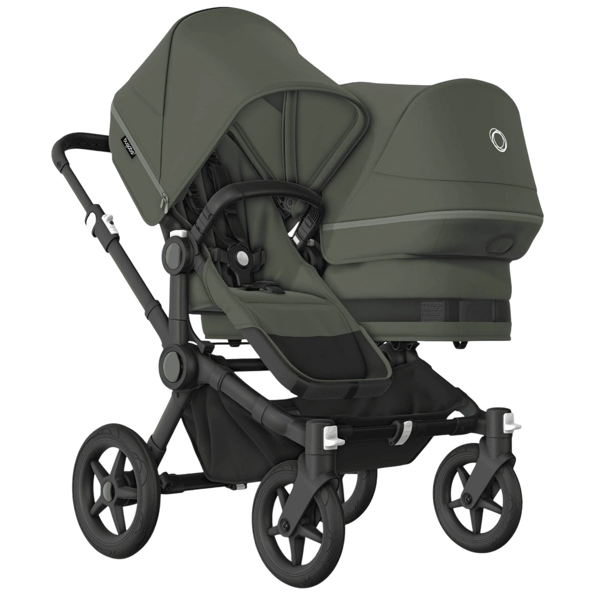 1 maand oud + 1 jaar garantie - Bugaboo Donkey 5 TWIN Compleet Black Forest Green + adapterset & voetenzakken(art:125981)